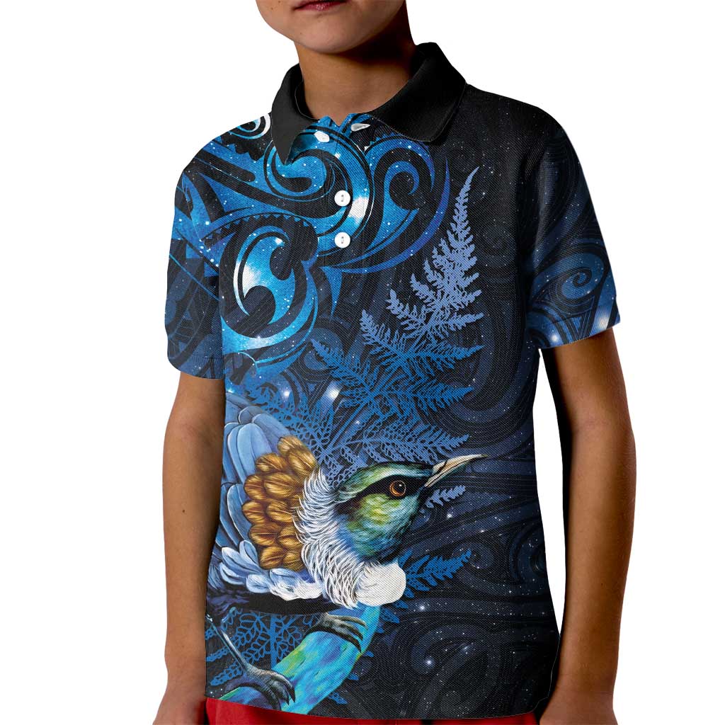 Aotearoa Matariki Kid Polo Shirt Maori Tribal with Silver Fern and Tui Bird Galaxy Style LT03 Kid Navy - Polynesian Pride