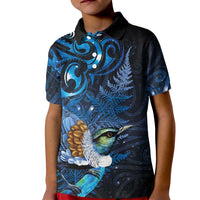 Aotearoa Matariki Kid Polo Shirt Maori Tribal with Silver Fern and Tui Bird Galaxy Style LT03 Kid Navy - Polynesian Pride