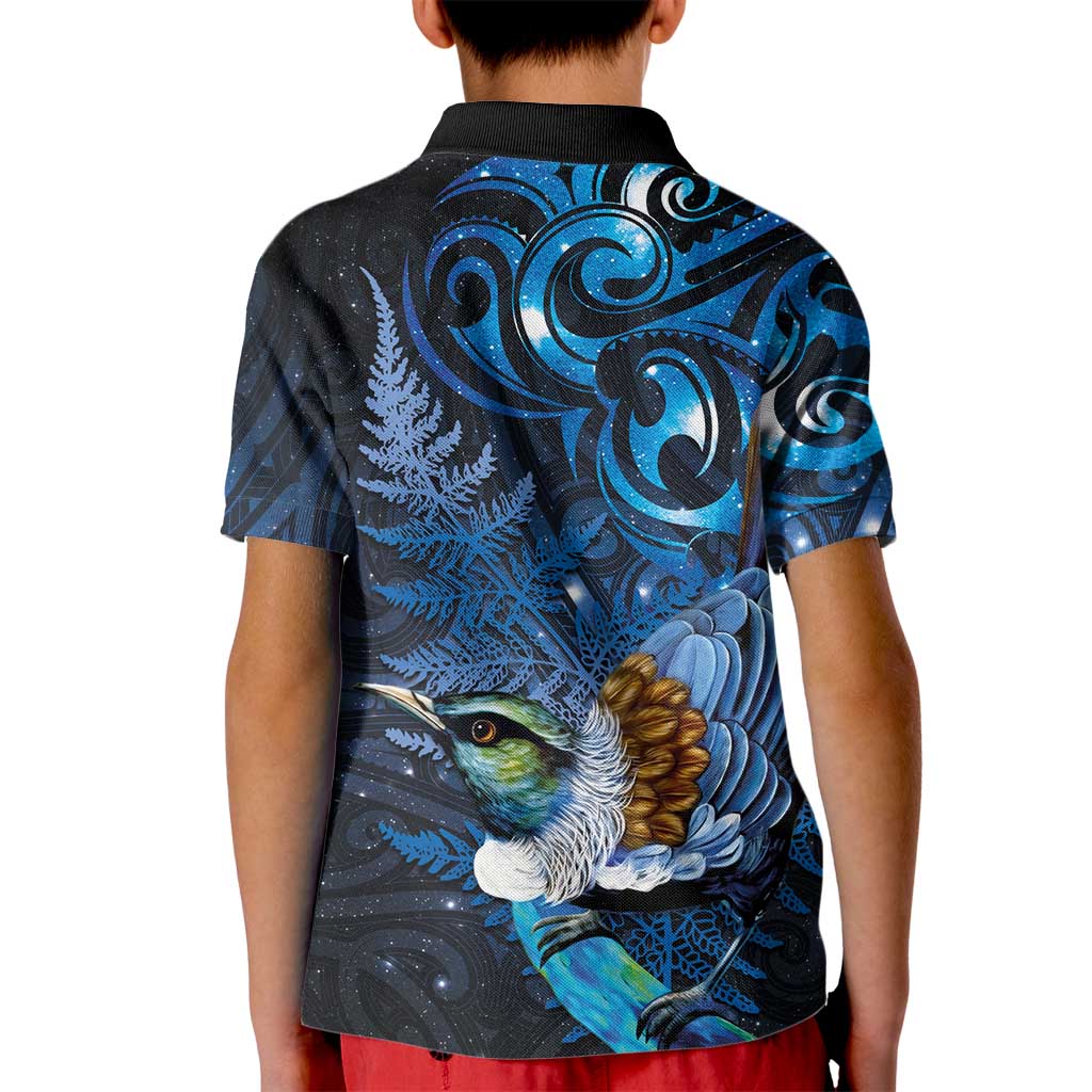 Aotearoa Matariki Kid Polo Shirt Maori Tribal with Silver Fern and Tui Bird Galaxy Style LT03 - Polynesian Pride