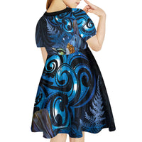 Aotearoa Matariki Kid Short Sleeve Dress Maori Tribal with Silver Fern and Tui Bird Galaxy Style LT03 - Polynesian Pride