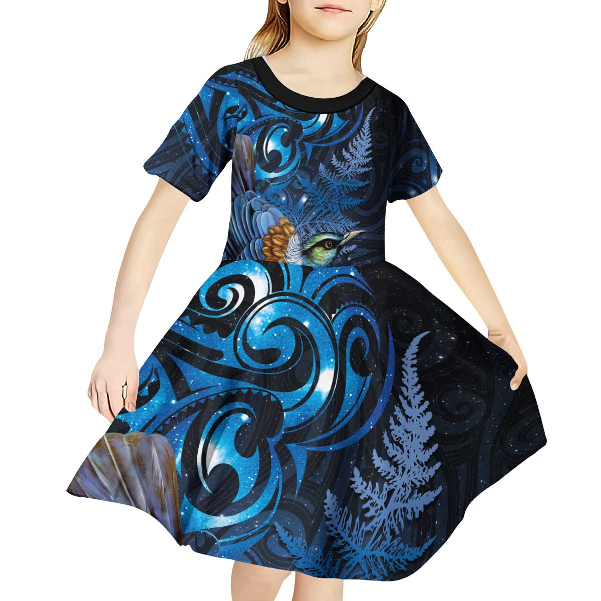 Aotearoa Matariki Kid Short Sleeve Dress Maori Tribal with Silver Fern and Tui Bird Galaxy Style LT03 - Polynesian Pride