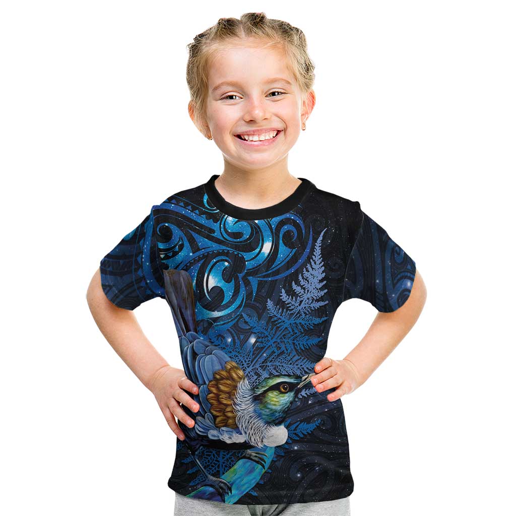 Aotearoa Matariki Kid T Shirt Maori Tribal with Silver Fern and Tui Bird Galaxy Style LT03 Navy - Polynesian Pride