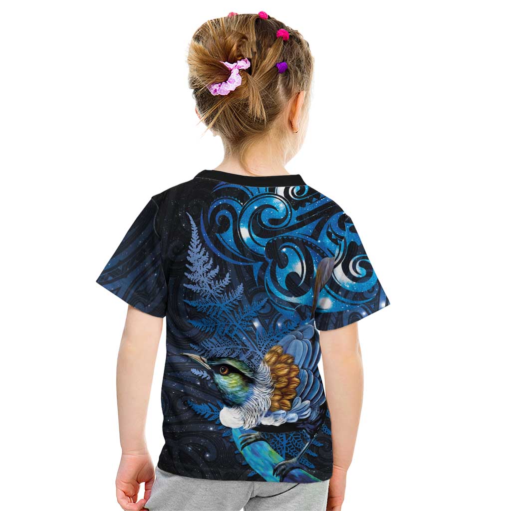 Aotearoa Matariki Kid T Shirt Maori Tribal with Silver Fern and Tui Bird Galaxy Style LT03 - Polynesian Pride