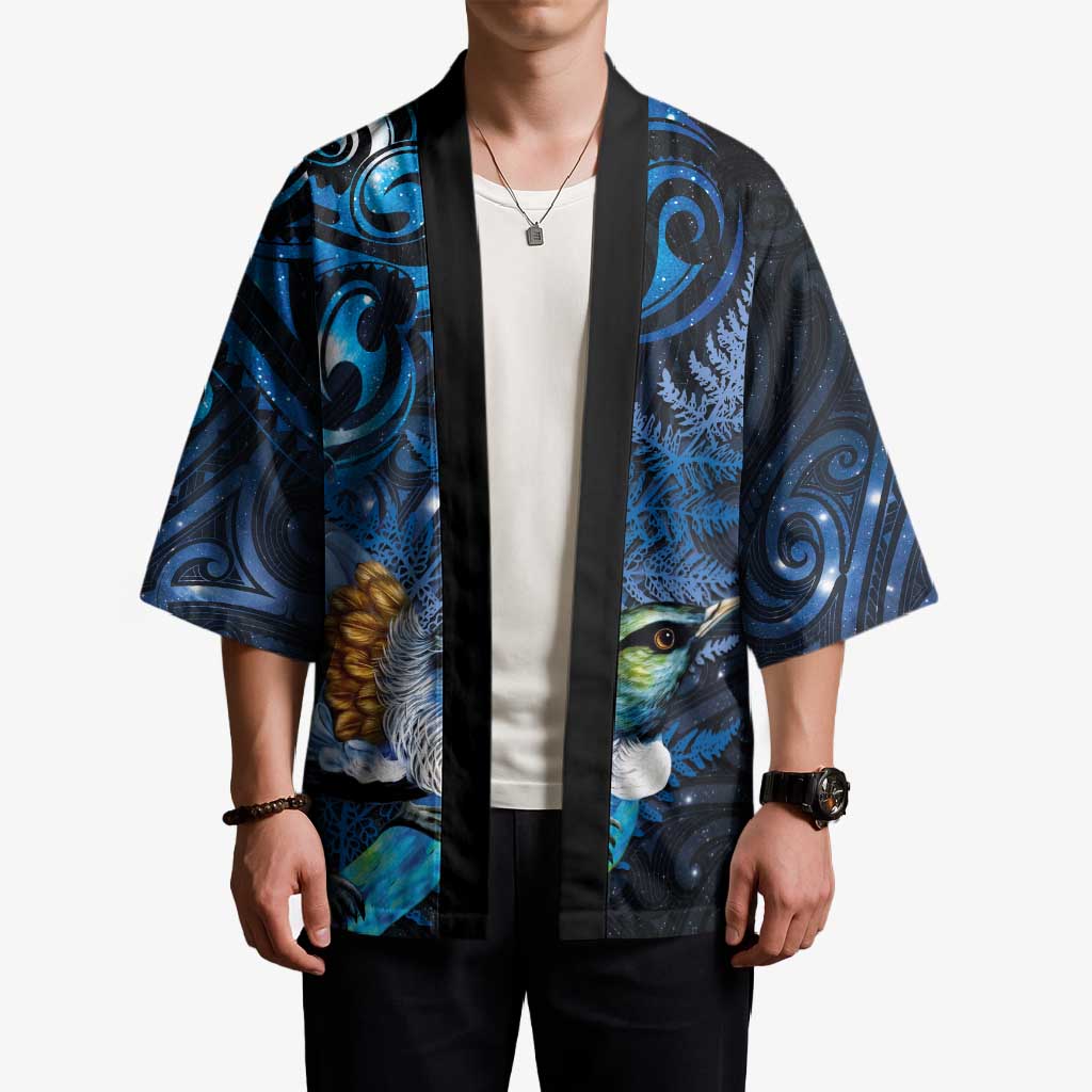Aotearoa Matariki Kimono Maori Tribal with Silver Fern and Tui Bird Galaxy Style - Polynesian Pride