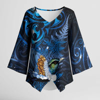 Aotearoa Matariki Kimono Sleeve Blouse Maori Tribal with Silver Fern and Tui Bird Galaxy Style LT03 Female Navy - Polynesian Pride
