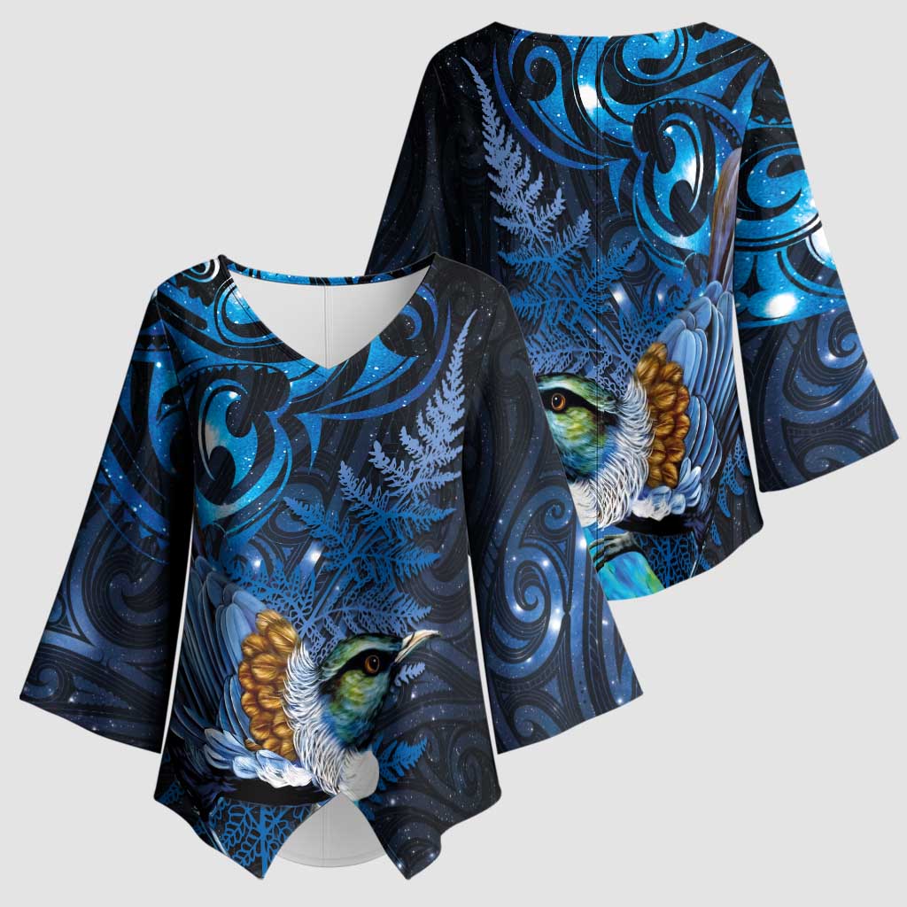 Aotearoa Matariki Kimono Sleeve Blouse Maori Tribal with Silver Fern and Tui Bird Galaxy Style LT03 - Polynesian Pride