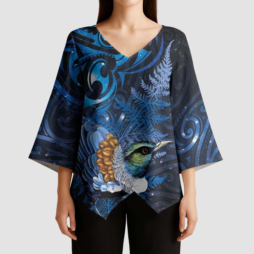 Aotearoa Matariki Kimono Sleeve Blouse Maori Tribal with Silver Fern and Tui Bird Galaxy Style LT03 - Polynesian Pride