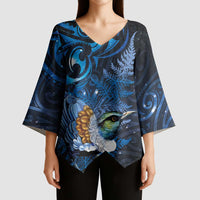 Aotearoa Matariki Kimono Sleeve Blouse Maori Tribal with Silver Fern and Tui Bird Galaxy Style LT03 - Polynesian Pride