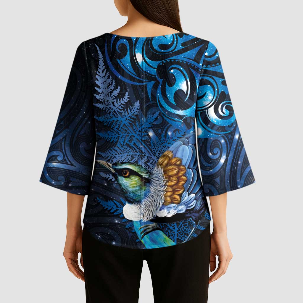 Aotearoa Matariki Kimono Sleeve Blouse Maori Tribal with Silver Fern and Tui Bird Galaxy Style LT03 - Polynesian Pride