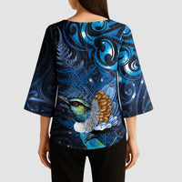 Aotearoa Matariki Kimono Sleeve Blouse Maori Tribal with Silver Fern and Tui Bird Galaxy Style LT03 - Polynesian Pride