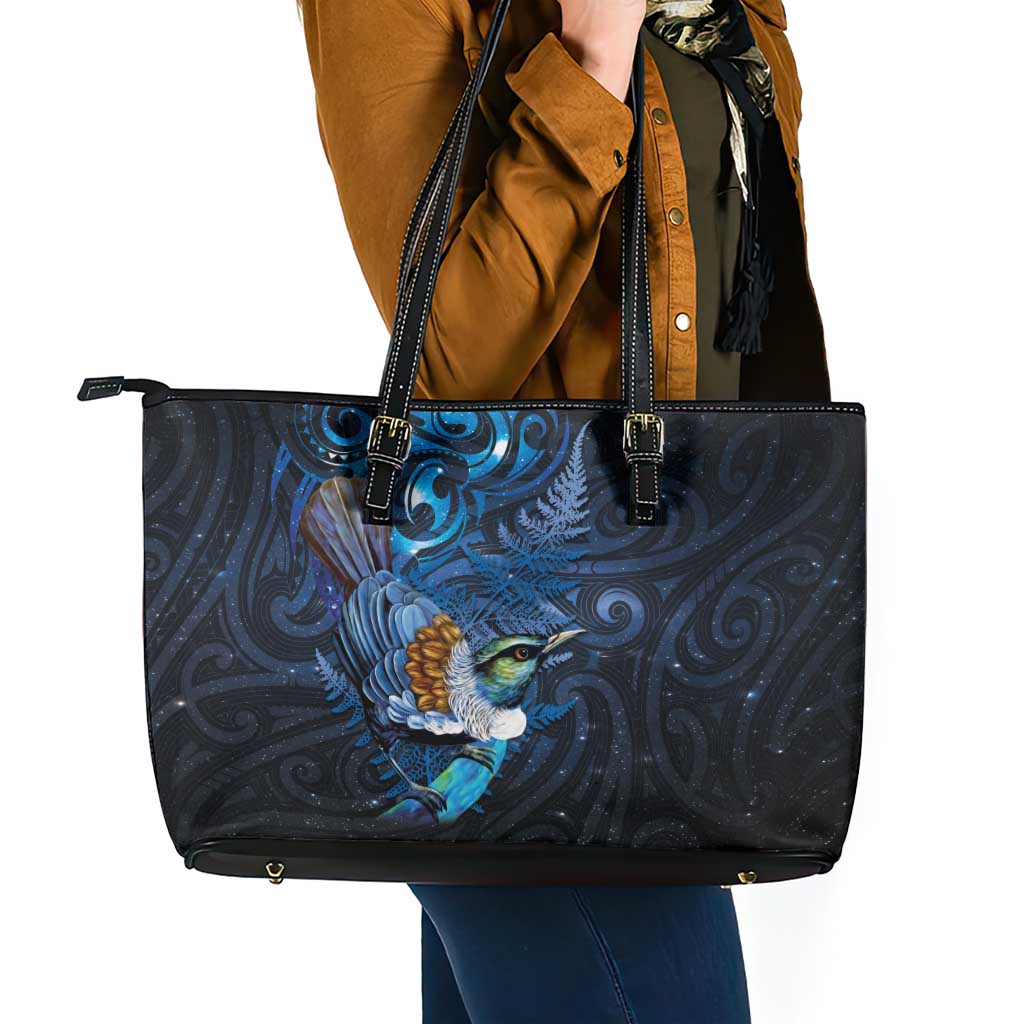 Aotearoa Matariki Leather Tote Bag Maori Tribal with Silver Fern and Tui Bird Galaxy Style LT03 - Polynesian Pride