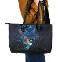 Aotearoa Matariki Leather Tote Bag Maori Tribal with Silver Fern and Tui Bird Galaxy Style LT03 - Polynesian Pride