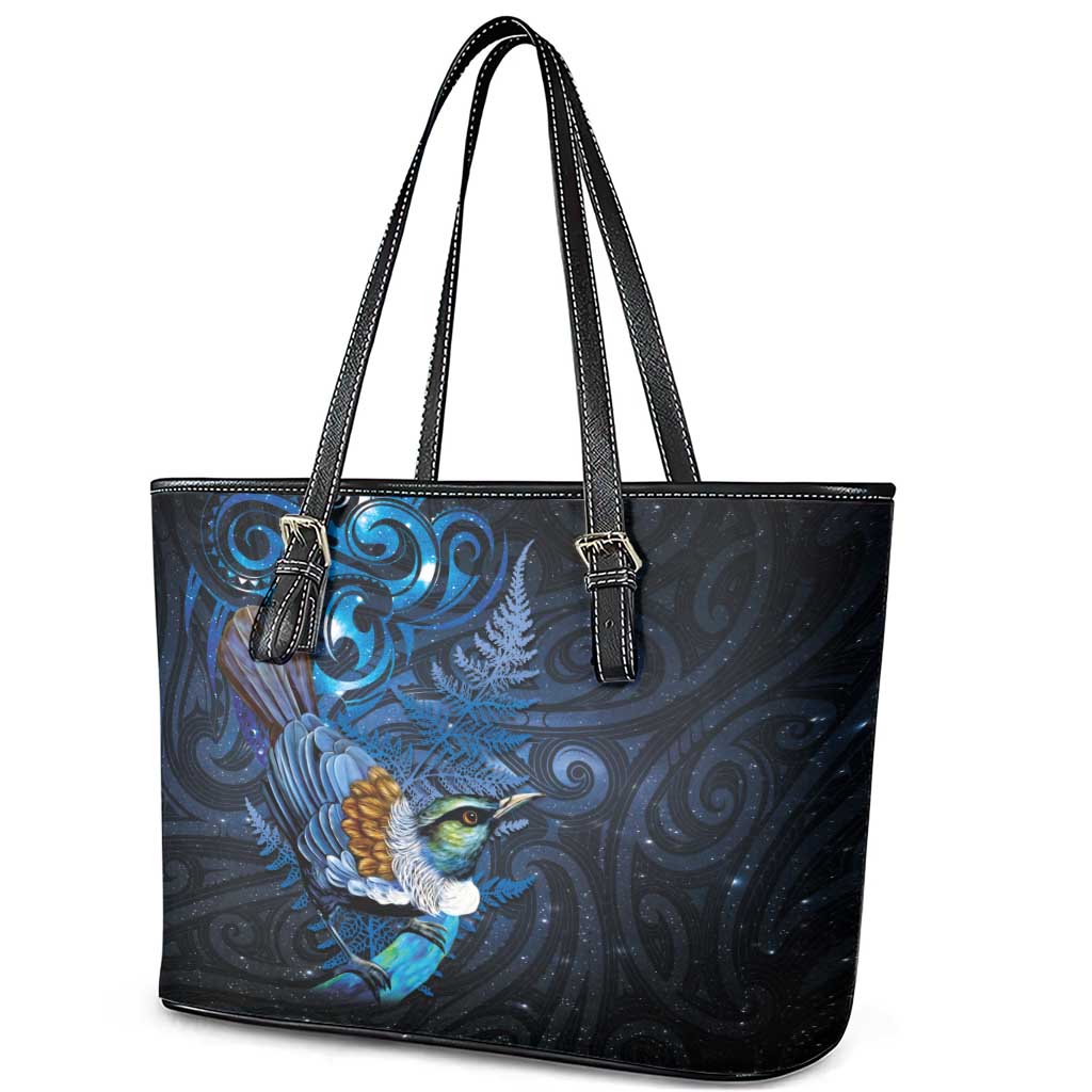Aotearoa Matariki Leather Tote Bag Maori Tribal with Silver Fern and Tui Bird Galaxy Style LT03 - Polynesian Pride