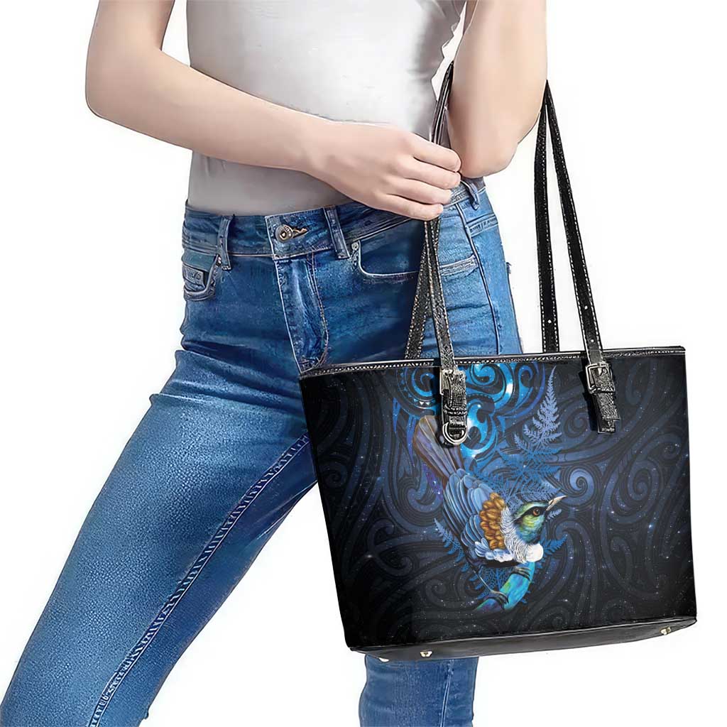 Aotearoa Matariki Leather Tote Bag Maori Tribal with Silver Fern and Tui Bird Galaxy Style LT03 - Polynesian Pride