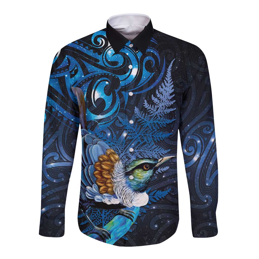Aotearoa Matariki Long Sleeve Button Shirt Maori Tribal with Silver Fern and Tui Bird Galaxy Style LT03 Unisex Navy - Polynesian Pride