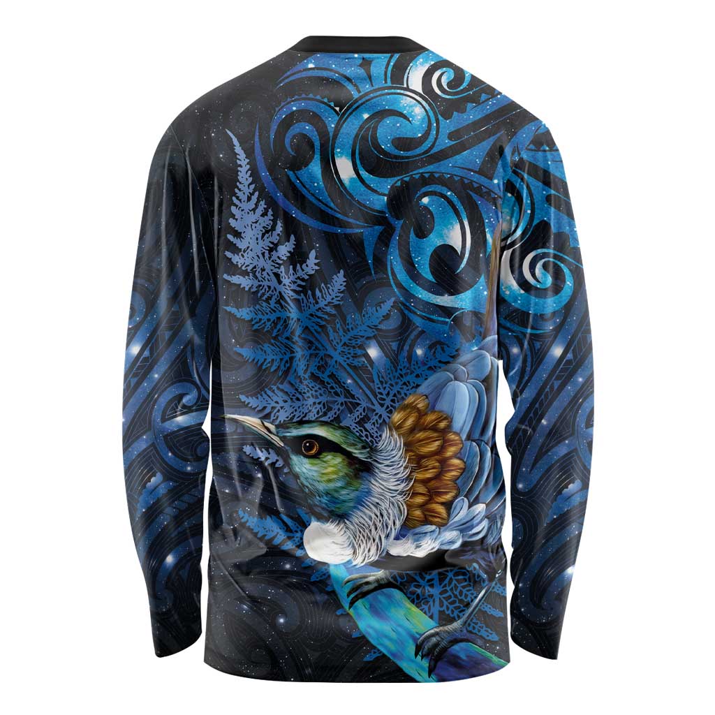 Aotearoa Matariki Long Sleeve Shirt Maori Tribal with Silver Fern and Tui Bird Galaxy Style LT03 - Polynesian Pride