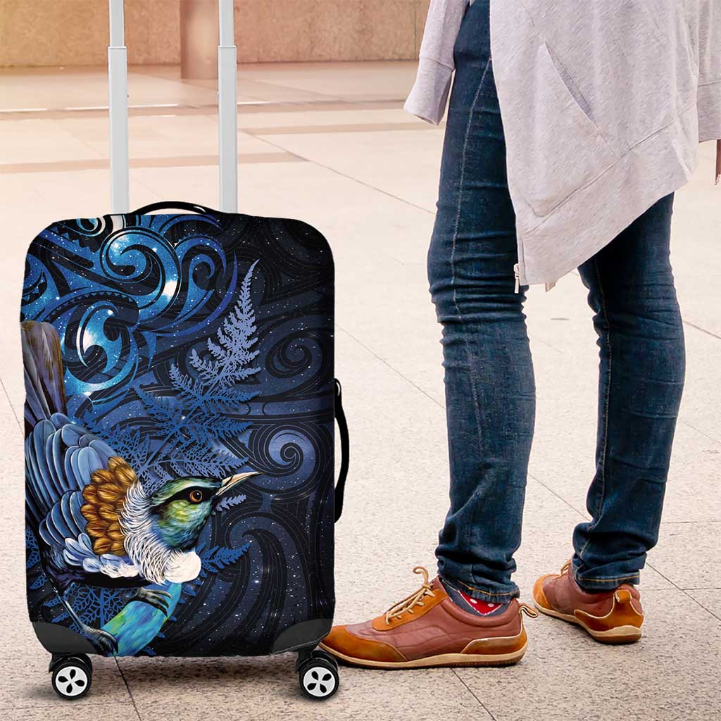 Aotearoa Matariki Luggage Cover Maori Tribal with Silver Fern and Tui Bird Galaxy Style LT03 Navy - Polynesian Pride