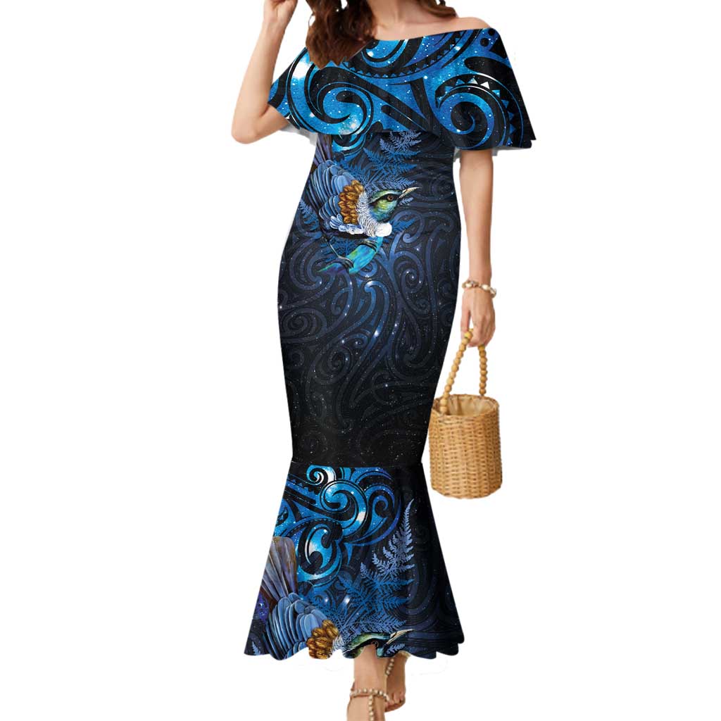 Aotearoa Matariki Mermaid Dress Maori Tribal with Silver Fern and Tui Bird Galaxy Style LT03 Women Navy - Polynesian Pride