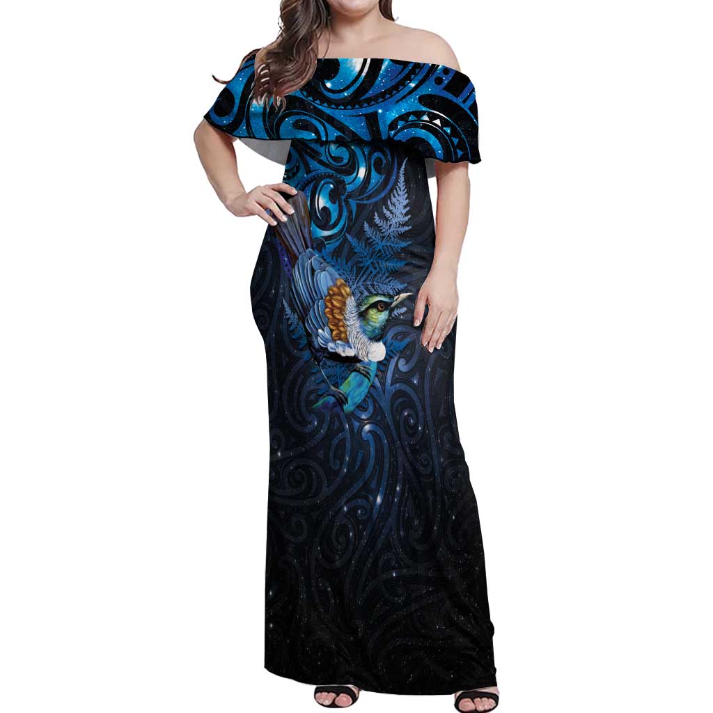Aotearoa Matariki Off Shoulder Maxi Dress Maori Tribal with Silver Fern and Tui Bird Galaxy Style LT03 Women Navy - Polynesian Pride