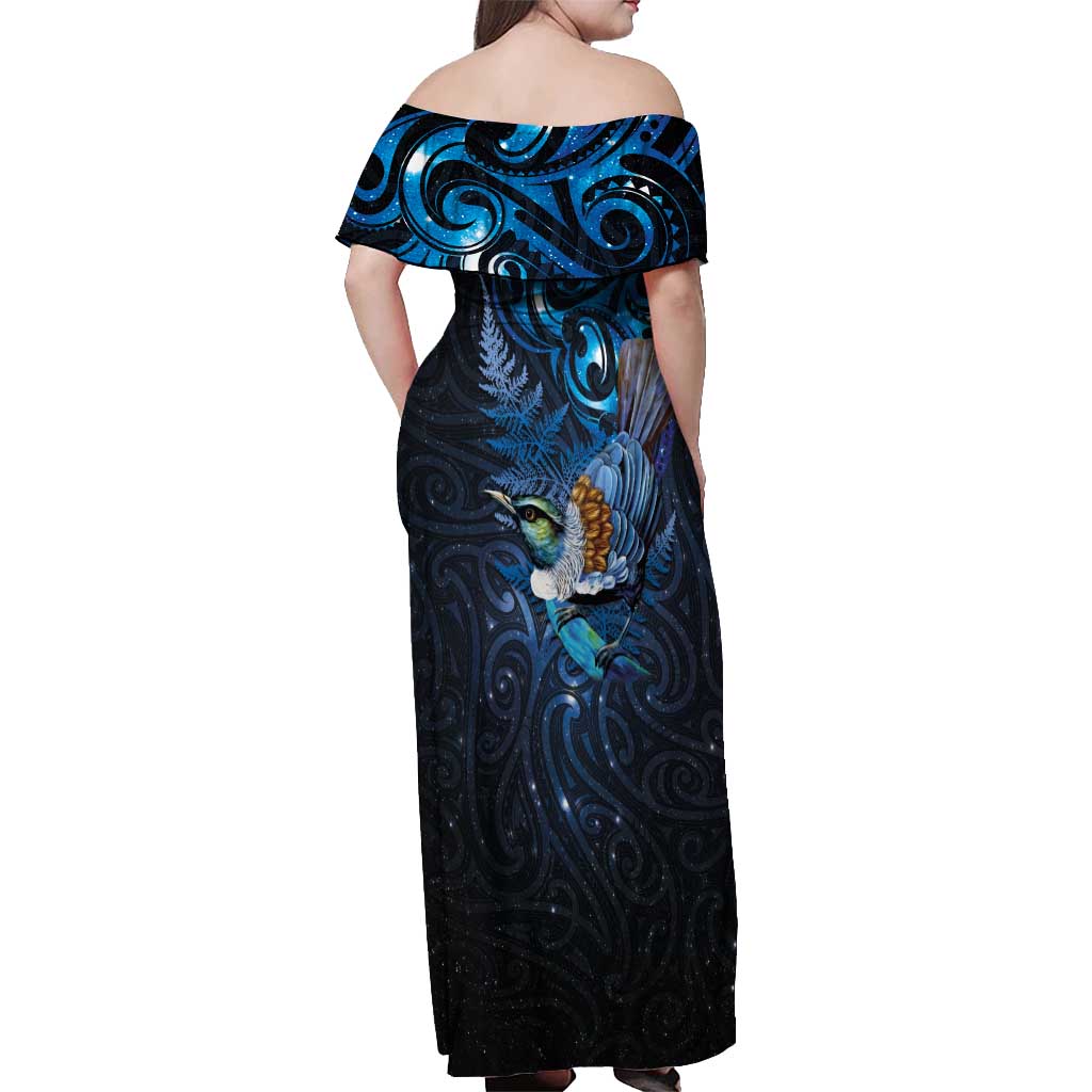 Aotearoa Matariki Off Shoulder Maxi Dress Maori Tribal with Silver Fern and Tui Bird Galaxy Style LT03 - Polynesian Pride