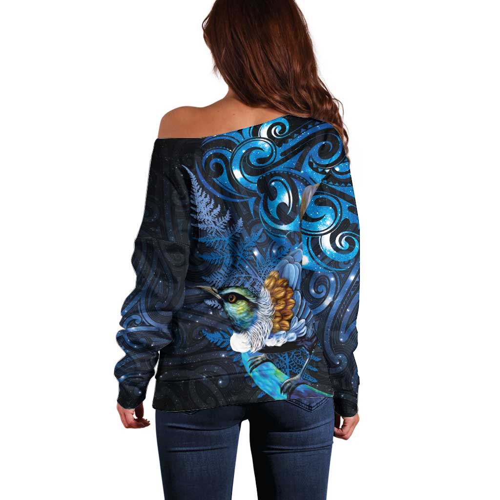 Aotearoa Matariki Off Shoulder Sweater Maori Tribal with Silver Fern and Tui Bird Galaxy Style - Polynesian Pride