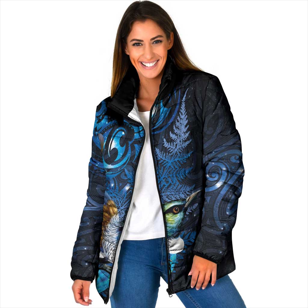 Aotearoa Matariki Padded Jacket Maori Tribal with Silver Fern and Tui Bird Galaxy Style - Polynesian Pride