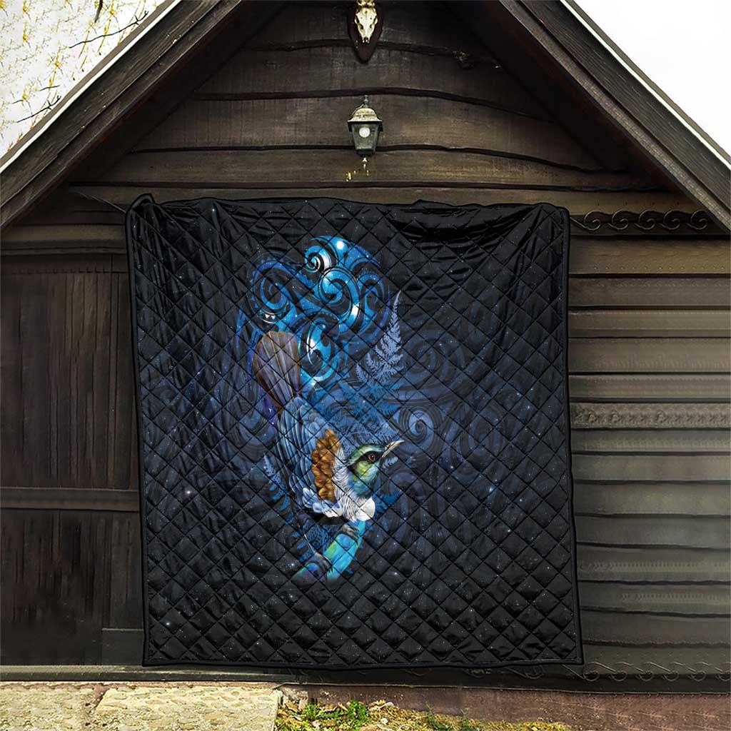 Aotearoa Matariki Quilt Maori Tribal with Silver Fern and Tui Bird Galaxy Style - Polynesian Pride