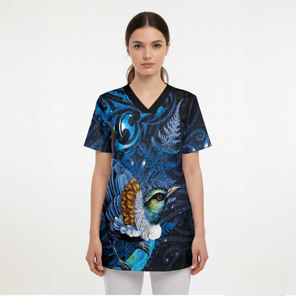 Aotearoa Matariki Scrub Top Maori Tribal with Silver Fern and Tui Bird Galaxy Style - Polynesian Pride