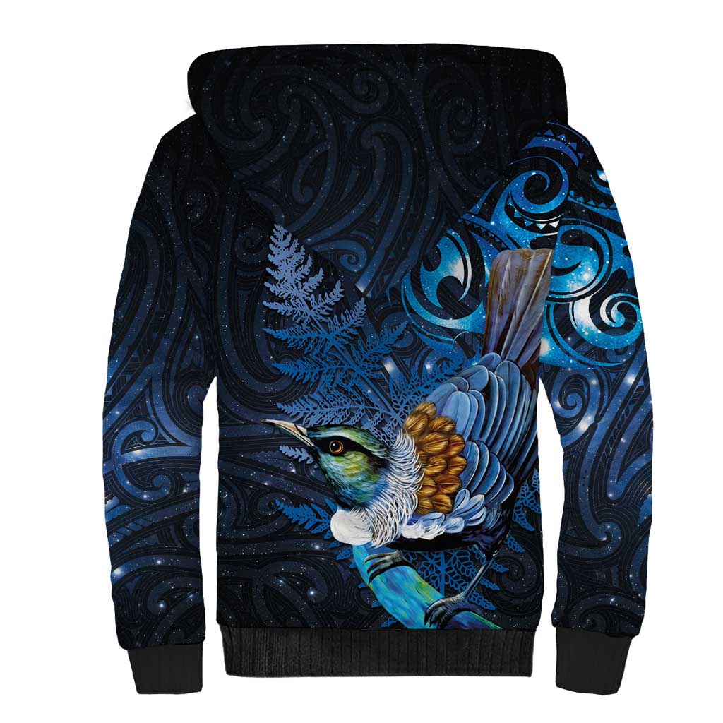 Aotearoa Matariki Sherpa Hoodie Maori Tribal with Silver Fern and Tui Bird Galaxy Style LT03 - Polynesian Pride