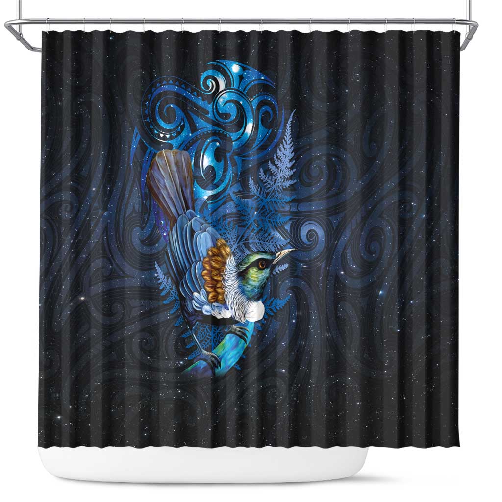 Aotearoa Matariki Shower Curtain Maori Tribal with Silver Fern and Tui Bird Galaxy Style LT03 Navy - Polynesian Pride