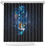 Aotearoa Matariki Shower Curtain Maori Tribal with Silver Fern and Tui Bird Galaxy Style LT03 Navy - Polynesian Pride