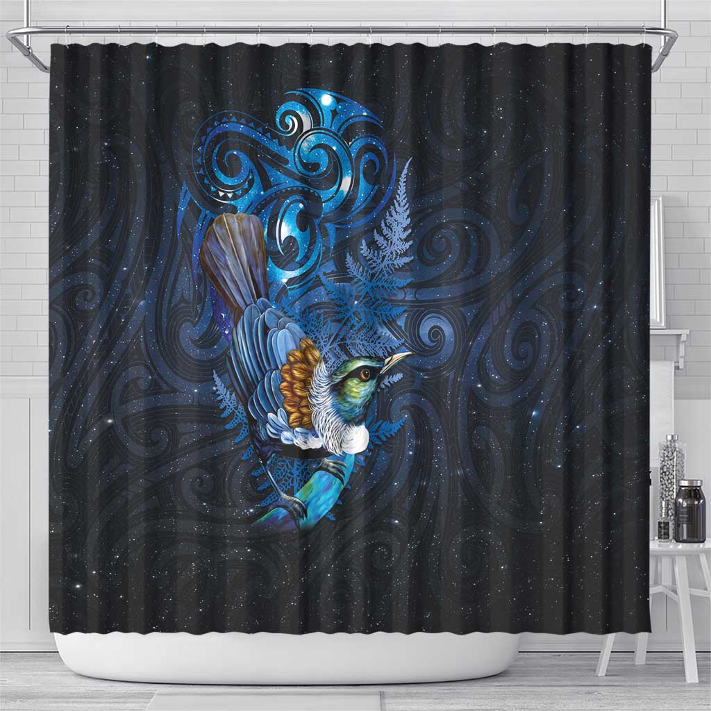 Aotearoa Matariki Shower Curtain Maori Tribal with Silver Fern and Tui Bird Galaxy Style LT03 - Polynesian Pride