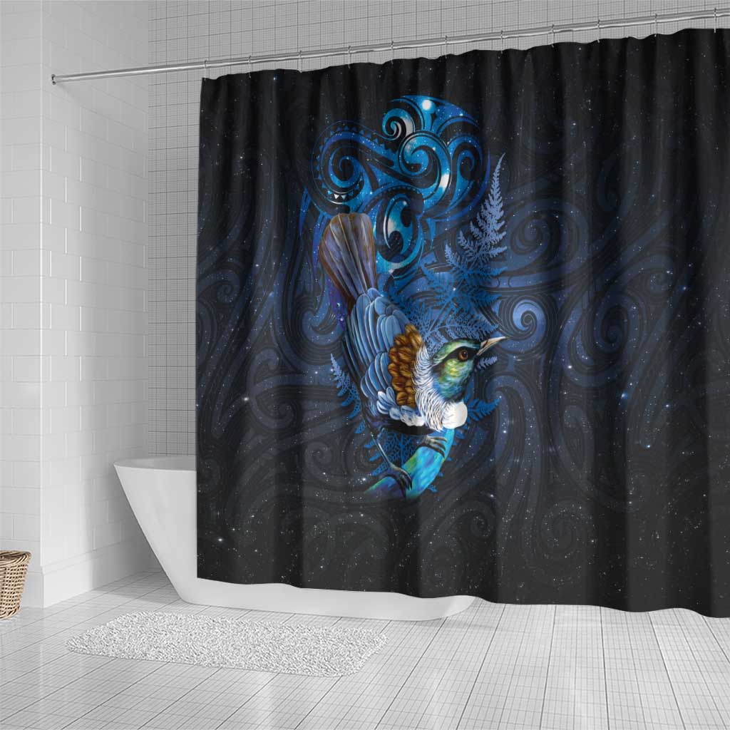 Aotearoa Matariki Shower Curtain Maori Tribal with Silver Fern and Tui Bird Galaxy Style LT03 - Polynesian Pride