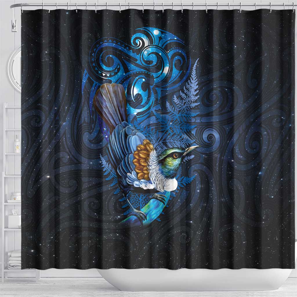 Aotearoa Matariki Shower Curtain Maori Tribal with Silver Fern and Tui Bird Galaxy Style LT03 - Polynesian Pride