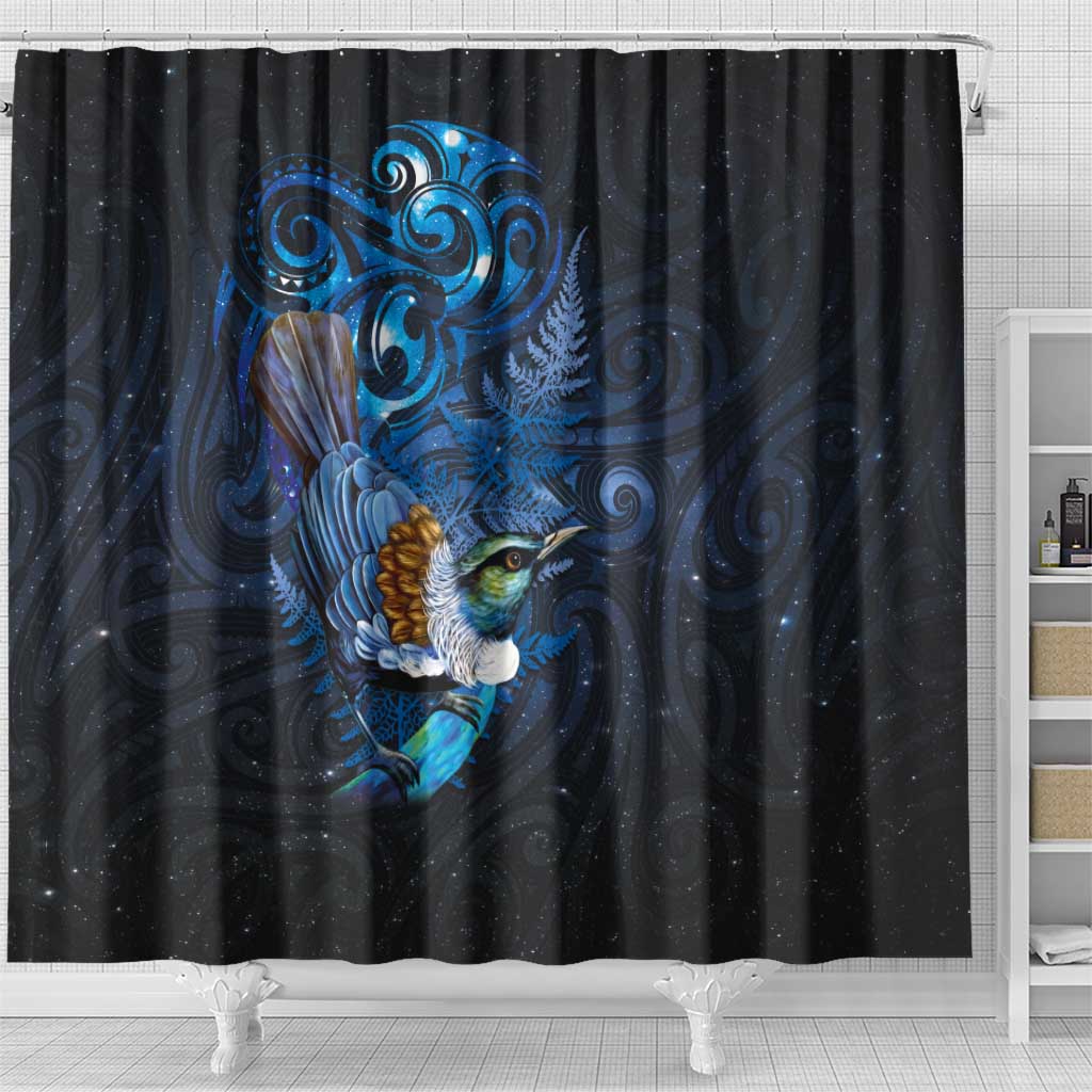Aotearoa Matariki Shower Curtain Maori Tribal with Silver Fern and Tui Bird Galaxy Style LT03 - Polynesian Pride