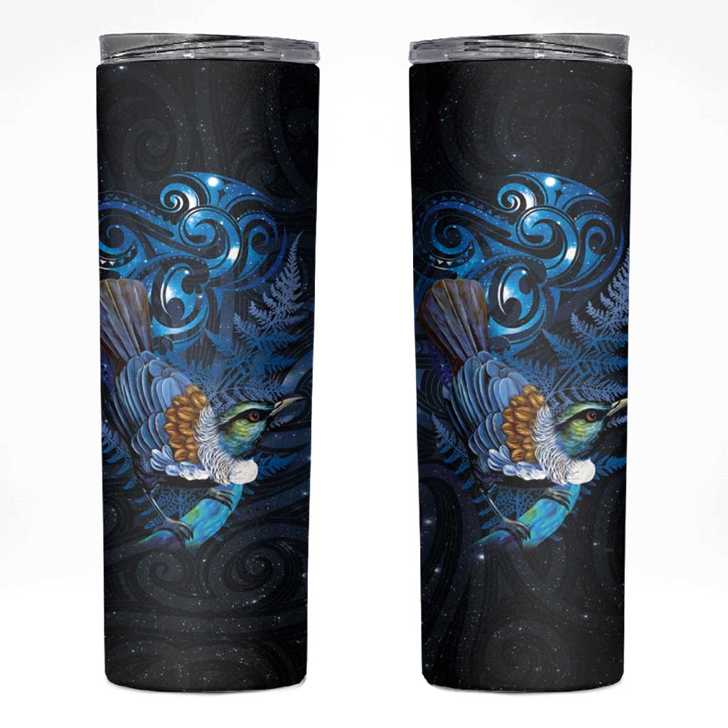 Aotearoa Matariki Skinny Tumbler Maori Tribal with Silver Fern and Tui Bird Galaxy Style LT03 Navy - Polynesian Pride