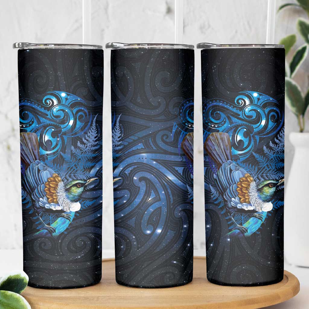 Aotearoa Matariki Skinny Tumbler Maori Tribal with Silver Fern and Tui Bird Galaxy Style LT03 - Polynesian Pride
