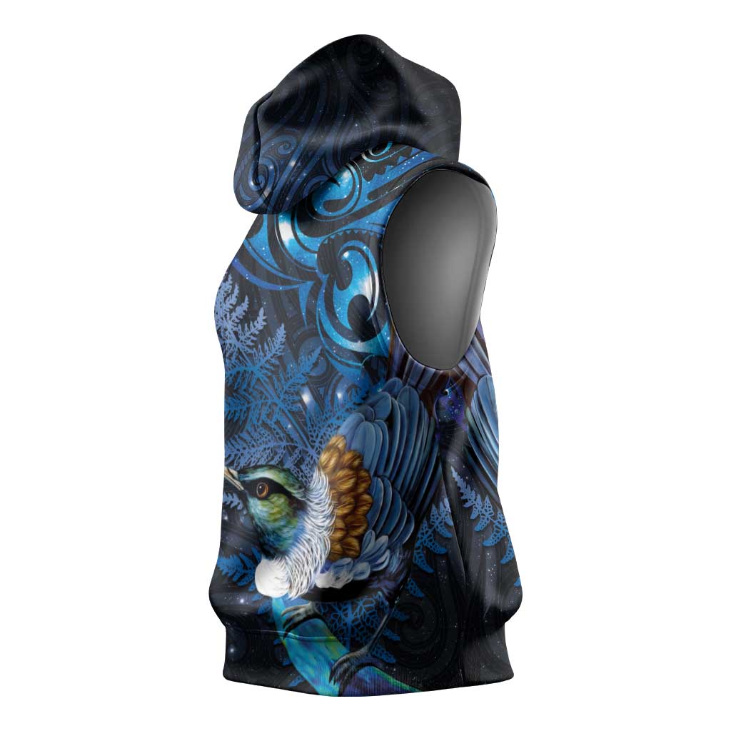 Aotearoa Matariki Sleeveless Hoodie Maori Tribal with Silver Fern and Tui Bird Galaxy Style LT03 - Polynesian Pride