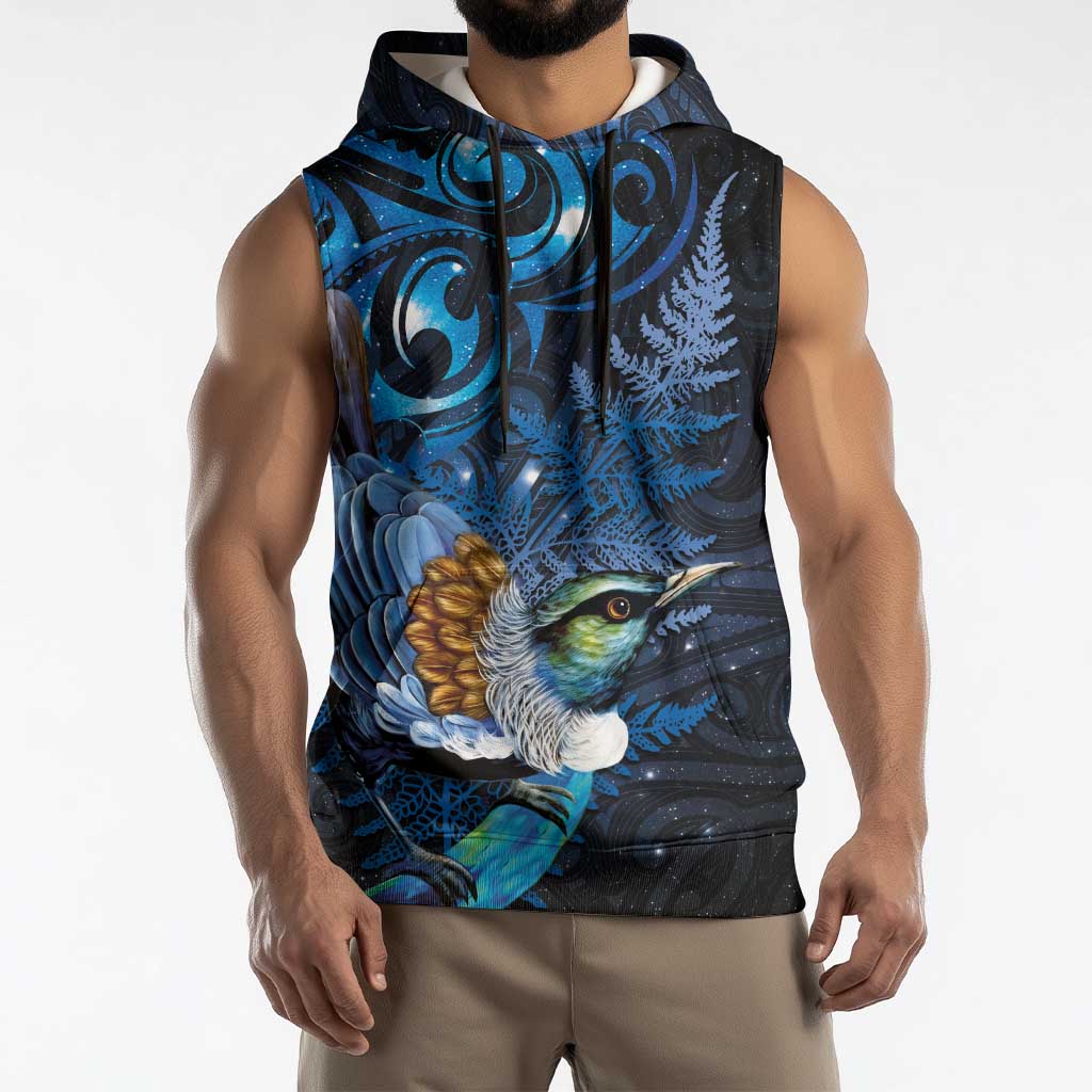 Aotearoa Matariki Sleeveless Hoodie Maori Tribal with Silver Fern and Tui Bird Galaxy Style LT03 - Polynesian Pride