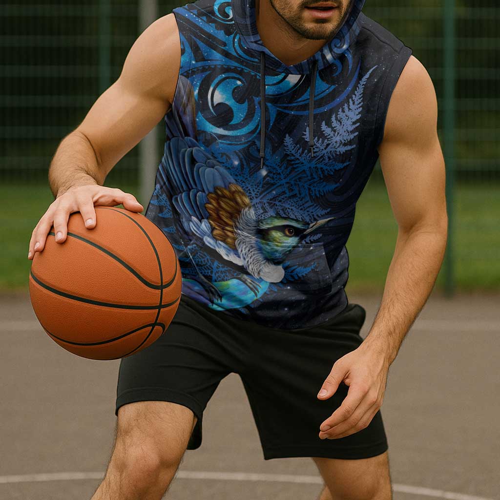 Aotearoa Matariki Sleeveless Hoodie Maori Tribal with Silver Fern and Tui Bird Galaxy Style LT03 - Polynesian Pride