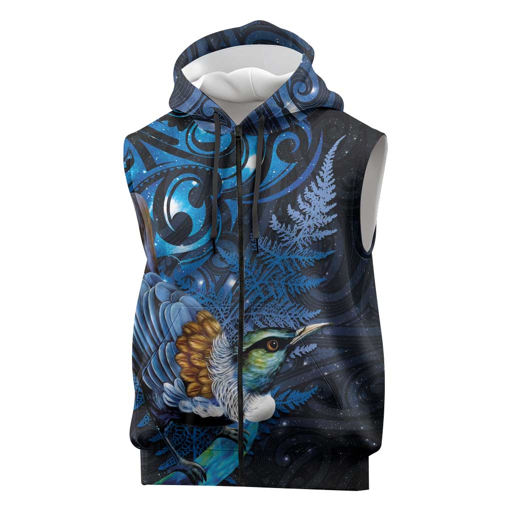 Aotearoa Matariki Sleeveless Zip Hoodie Maori Tribal with Silver Fern and Tui Bird Galaxy Style LT03 Navy - Polynesian Pride