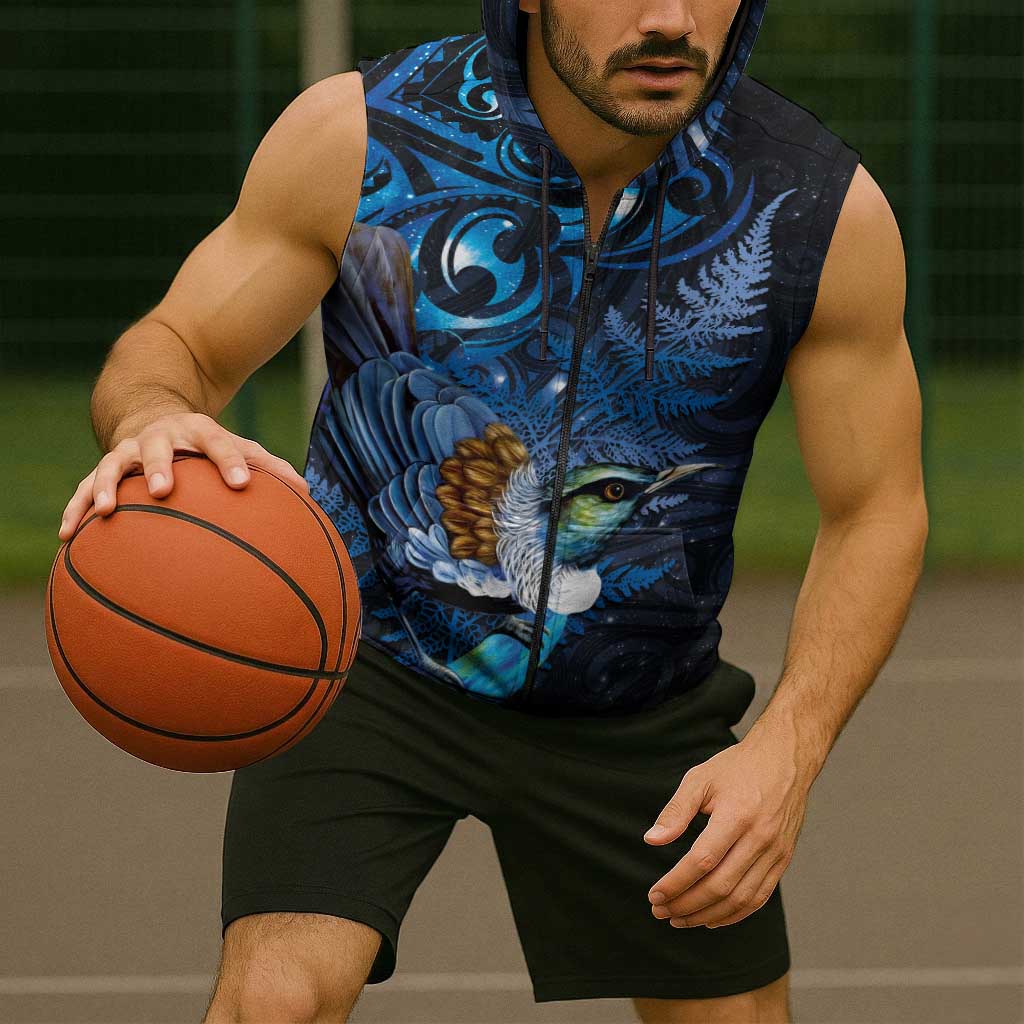 Aotearoa Matariki Sleeveless Zip Hoodie Maori Tribal with Silver Fern and Tui Bird Galaxy Style LT03 - Polynesian Pride