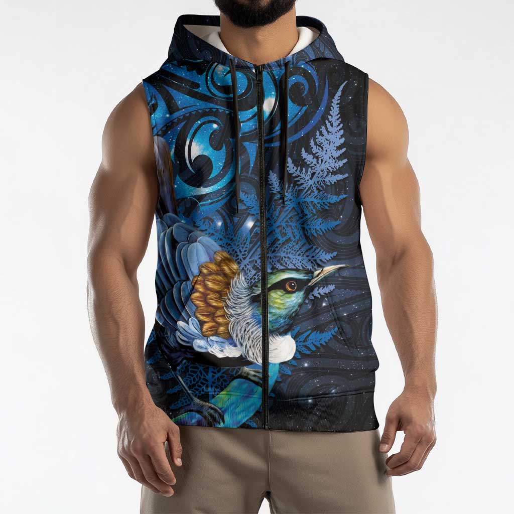 Aotearoa Matariki Sleeveless Zip Hoodie Maori Tribal with Silver Fern and Tui Bird Galaxy Style LT03 - Polynesian Pride