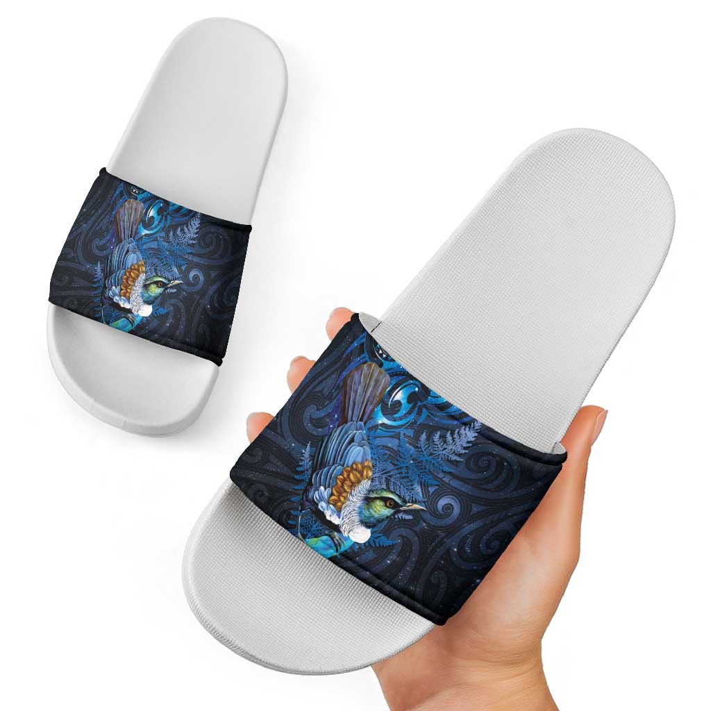 Aotearoa Matariki Slide Sandals Maori Tribal with Silver Fern and Tui Bird Galaxy Style - Polynesian Pride