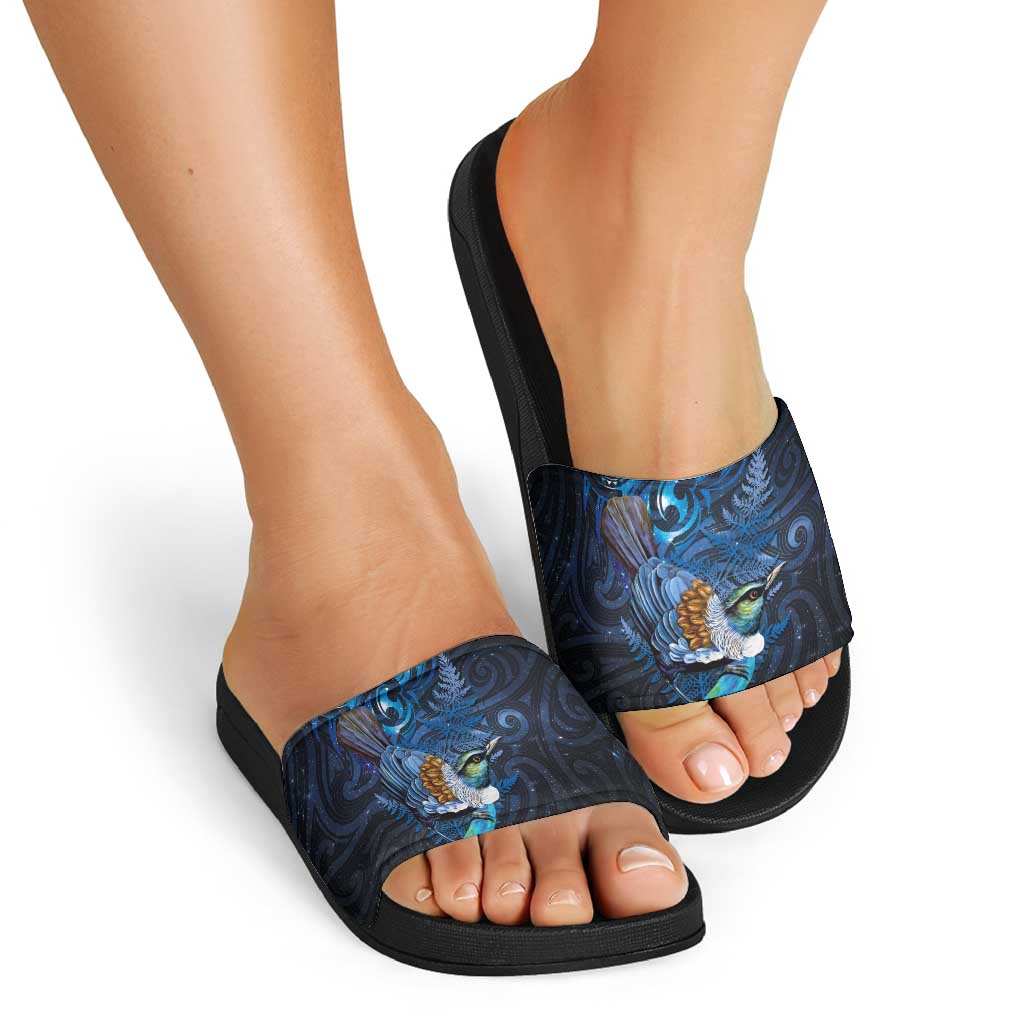 Aotearoa Matariki Slide Sandals Maori Tribal with Silver Fern and Tui Bird Galaxy Style - Polynesian Pride