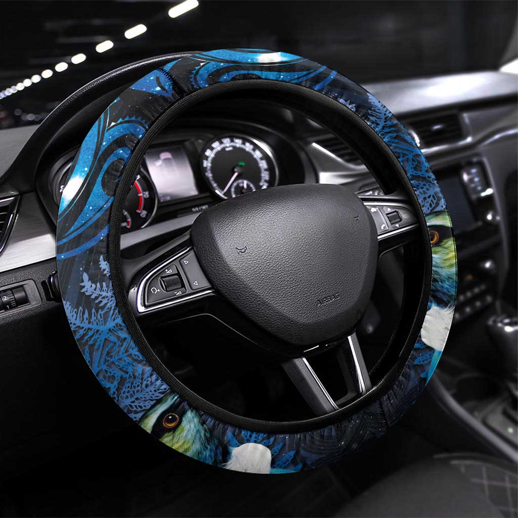 Aotearoa Matariki Steering Wheel Cover Maori Tribal with Silver Fern and Tui Bird Galaxy Style LT03 Universal Fit Navy - Polynesian Pride