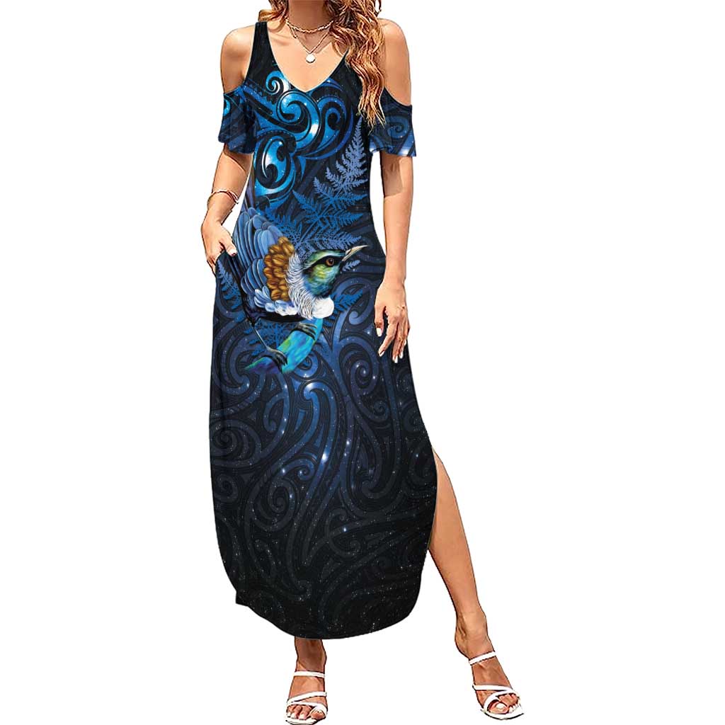 Aotearoa Matariki Summer Maxi Dress Maori Tribal with Silver Fern and Tui Bird Galaxy Style LT03 Women Navy - Polynesian Pride