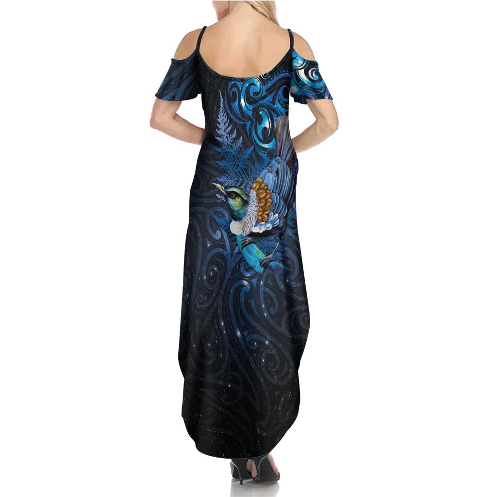Aotearoa Matariki Summer Maxi Dress Maori Tribal with Silver Fern and Tui Bird Galaxy Style LT03 - Polynesian Pride