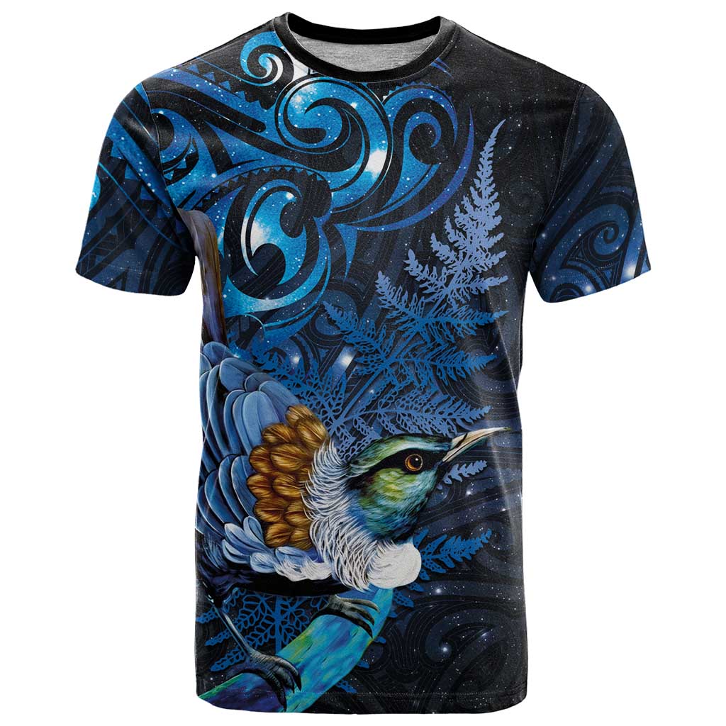 Aotearoa Matariki T Shirt Maori Tribal with Silver Fern and Tui Bird Galaxy Style LT03 Navy - Polynesian Pride