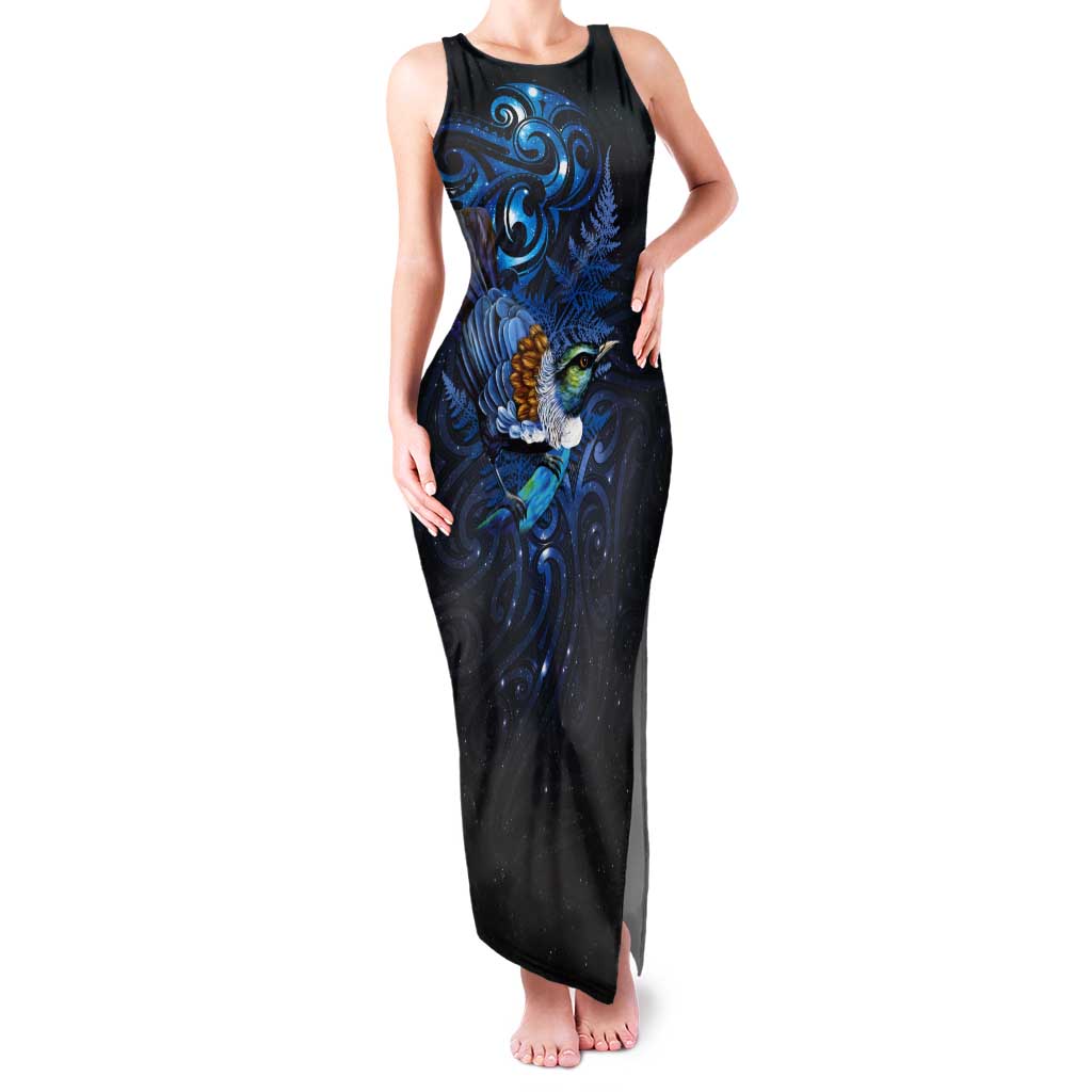 Aotearoa Matariki Tank Maxi Dress Maori Tribal with Silver Fern and Tui Bird Galaxy Style LT03 Women Navy - Polynesian Pride